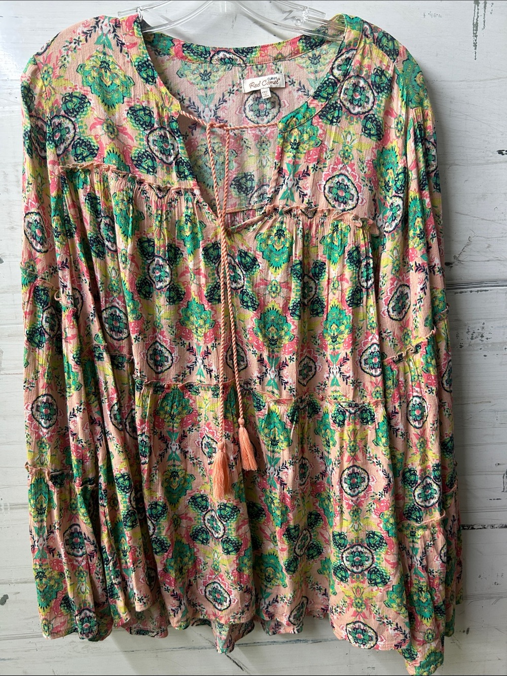 💐 Red Camel Curvy 1X Boho Floral Peasant Blouse Pink Green Tassel Tie Top